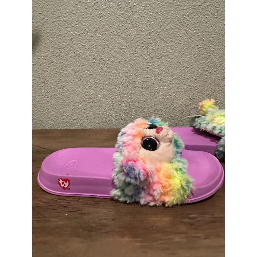 TY Beanie Boo Rainbow Plush Slide Sandals Slippers Girls Size 4-6 (EU 37) Pink